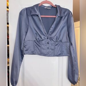 Satin light blue crop long sleeved with buttons down
